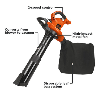 Black+Decker Soplador de Hojas y aspiradora de Hojas, 3 en 1, 12 amperios, 250 mph, 400 CFM (BV6000)