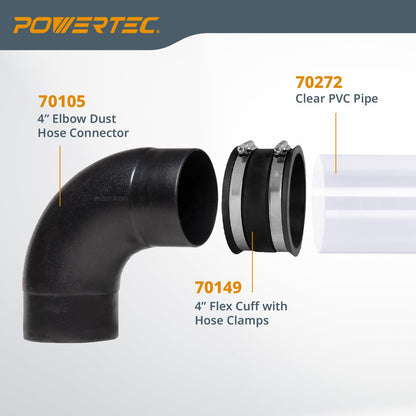 POWERTEC 70460 Conector de manguera de polvo de codo de 4 pulgadas y 90 grados y puño flexible de control de polvo de 4 pulgadas con abrazaderas de manguera de acero, acoplador de puño de goma para