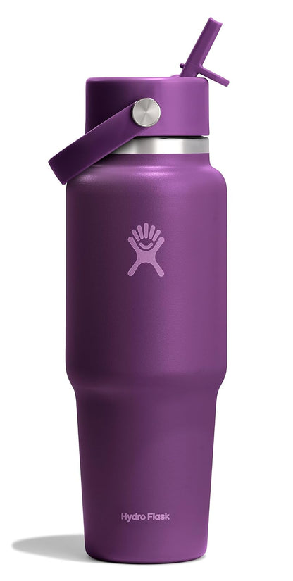 Hydro Flask - Botella de agua de viaje de acero inoxidable aislada, tapa ancha con popote, no derrama, a prueba de fugas en color tostado de avena de 32 onzas