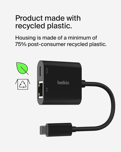 Belkin Connect USB-C a Ethernet + Adaptador de Carga de 100 W con Puerto Gigabit Ethernet y Puerto USB-C - 10/100/1000 Mbps para conexión rápida a Internet, Compatible con iPhone 16, Samsung Galaxy