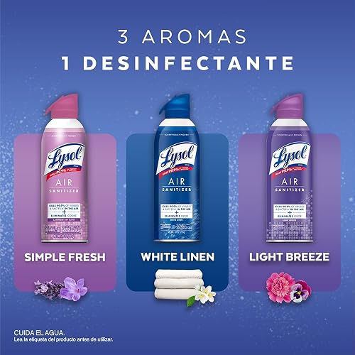 Lysol Air Sanitizer Spray Aromatizante y Desinfectante, Eliminador de malos olores para el hogar, baño y oficina. Alternativa de ambientador, 3 Pack Aromas ((White Linen, Lavender Sky, Light Breeze)