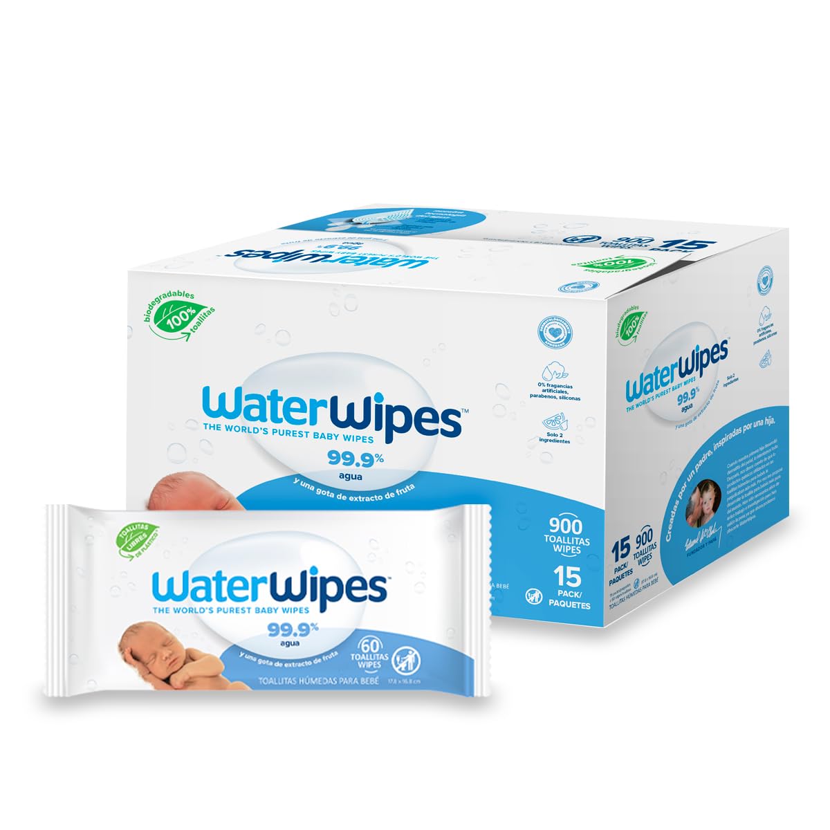 WaterWipes Toallitas Húmedas para Bebé Hipoalergénicas, 9 Paquetes - Sin fragancia - 60 Unidad (Paquete de 15)