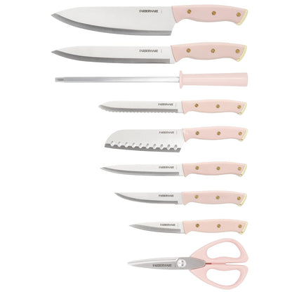 Farberware Juego de 15 cuchillos de acacia triple remachado, cuchillos de cocina de acero inoxidable de alto carbono con asas ergonómicas, juego de cuchillos afilados, rosa y dorado