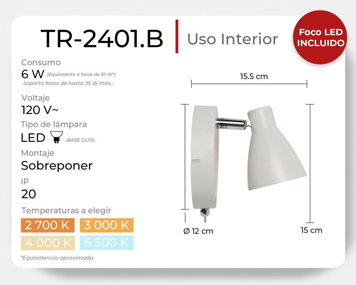 ILLUX Lámpara de muro de sobreponer, estilo riel, Decorativo y Moderno, para uso interior, Color blanco, Incluye foco GU10 Luz ideal para recamara pasillo sala TR-2401.B (Luz cálida 2700 K)