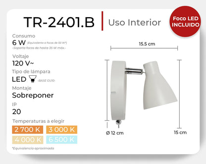 ILLUX Lámpara de muro de sobreponer, estilo riel, Decorativo y Moderno, para uso interior, Color blanco, Incluye foco GU10 Luz ideal para recamara pasillo sala TR-2401.B (Luz cálida 2700 K)
