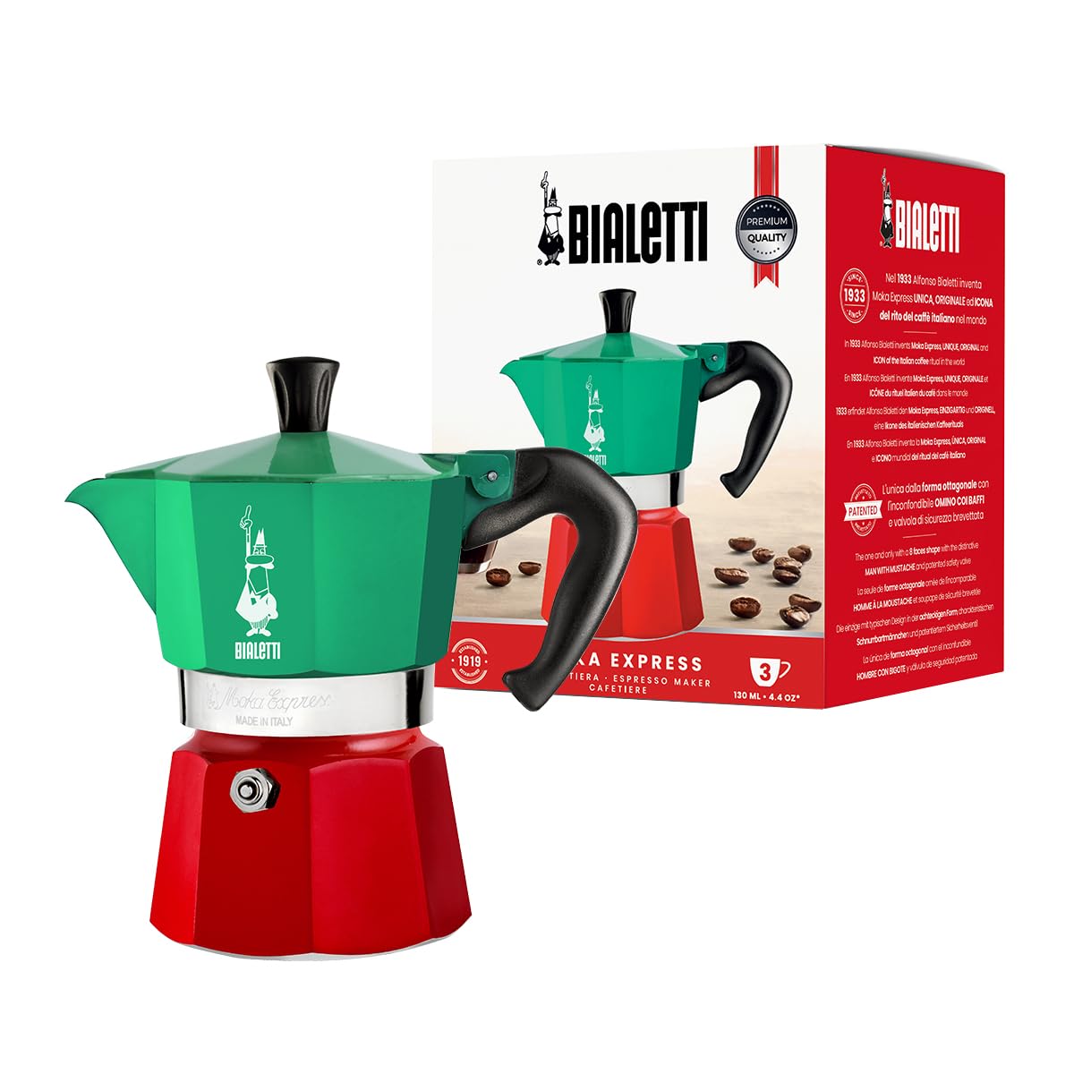Bialetti Moka Express Cafetera Italiana - 3 Tazas - Verde - Rojo