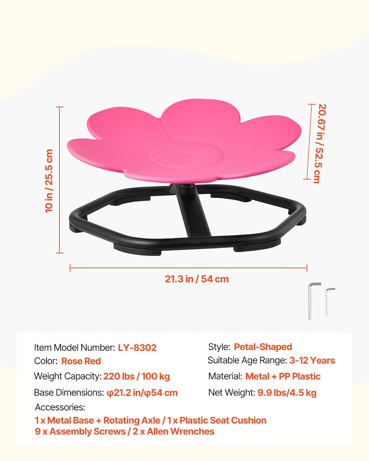 VEVOR Silla Giratoria Infantil Sensorial, con Forma de Flor, hasta 100 kg, con Base Metálica Antideslizante, Favorece la Coordinación, el Equilibrio y la Concentración, Rosa, 62 x 62 x 25,5 cm