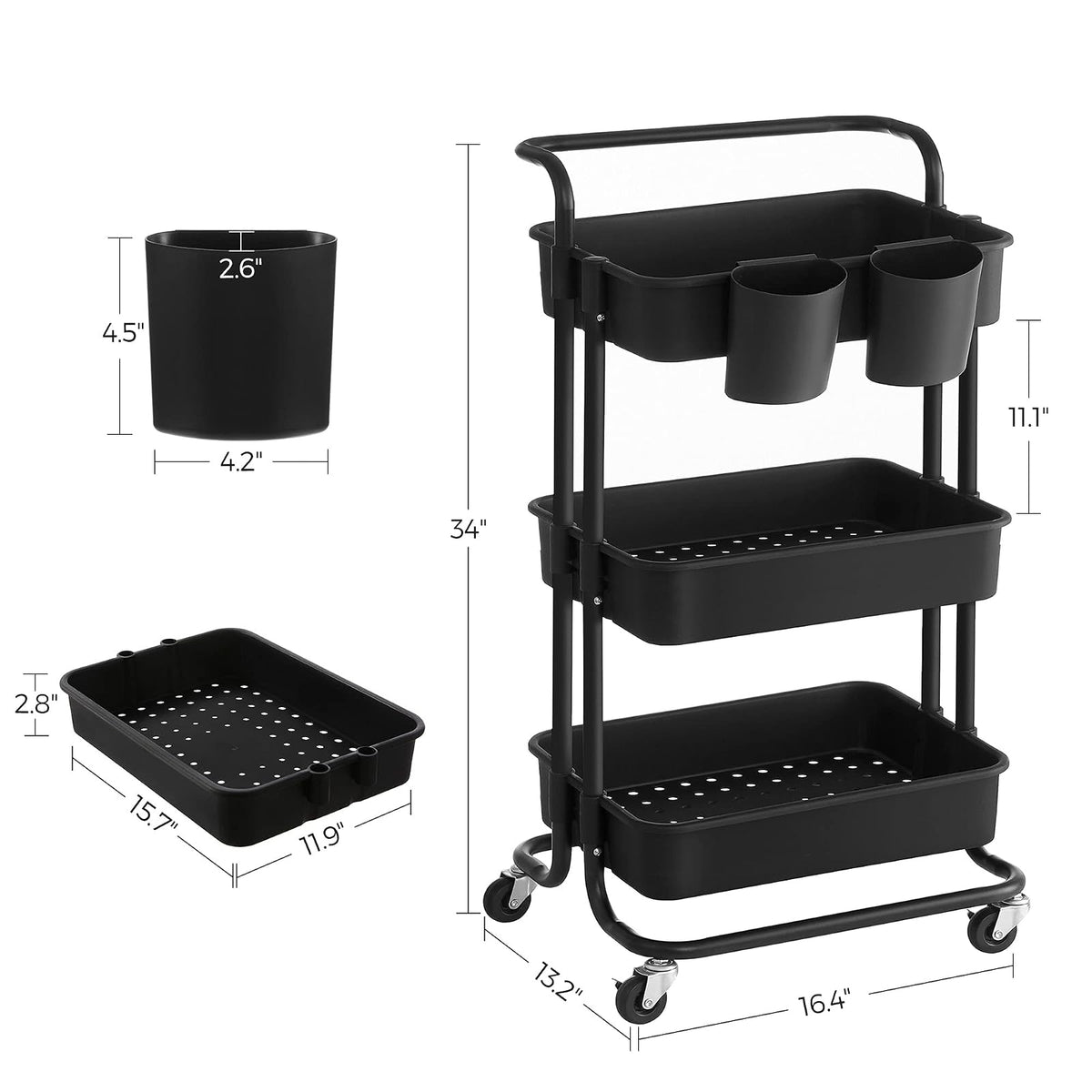 SONGMICS Carrito de Almacenamiento de 3 Niveles con Ruedas y Frenos Negro 13.2x16.4x34 Inches