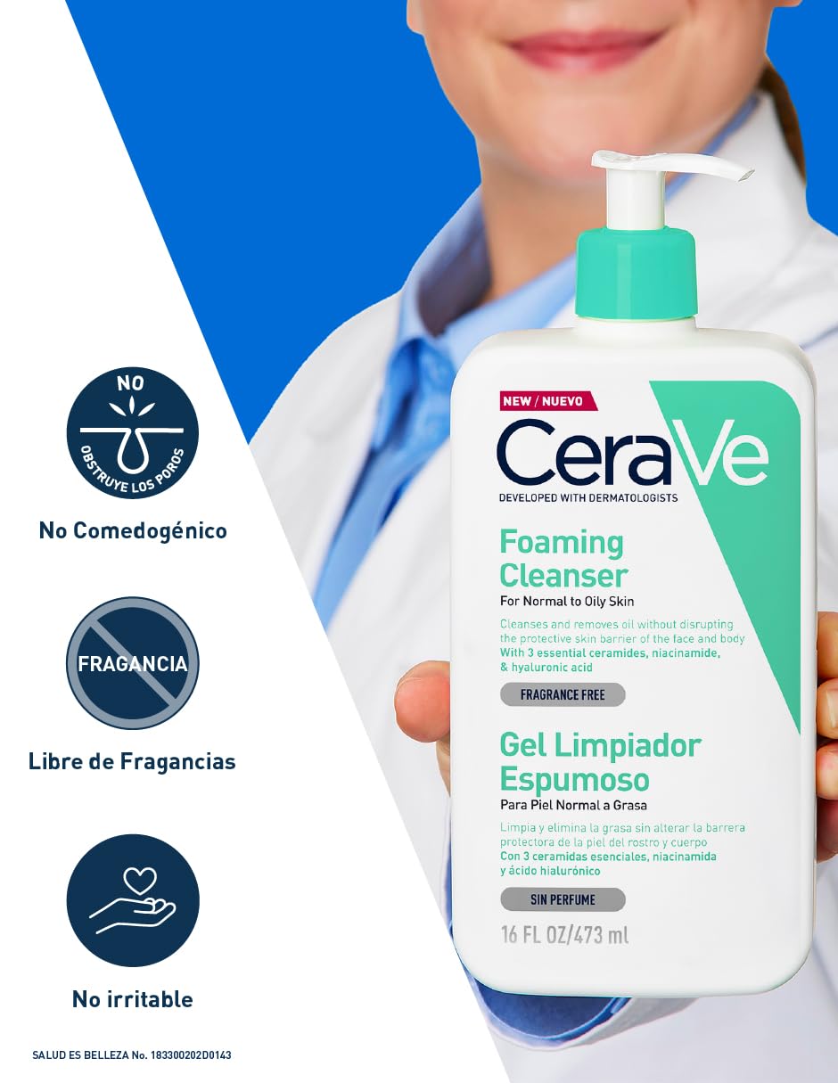 CeraVe Gel Limpiador Espumoso para Piel Normal a Grasa con Ceramidas Esenciales, Niacinamida y Ácido Hialurónico que Protege e Hidrata la Barrera Natural de la Piel, 473ml