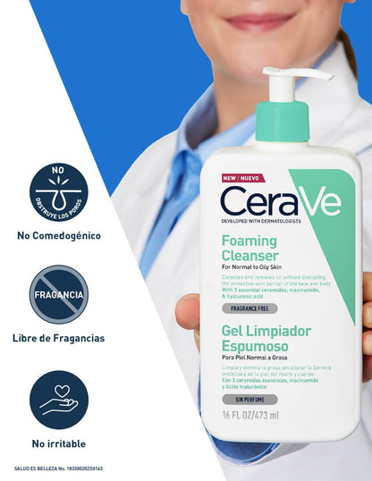 CeraVe Gel Limpiador Espumoso para Piel Normal a Grasa con Ceramidas Esenciales, Niacinamida y Ácido Hialurónico que Protege e Hidrata la Barrera Natural de la Piel, 473ml