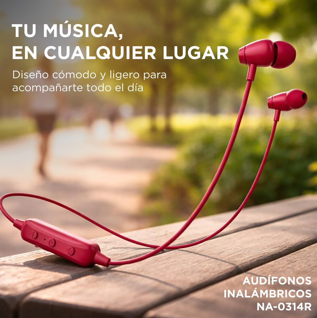 NACEB TECHNOLOGY Audífonos Manos Libres Bluetooth NA-0314R Intraurales - Micrófono Omnidireccional, Bluetooth 4.1 Alcance 10 m, Batería 70 mAh hasta 4.5 h, Carga MicroUSB - Rojo