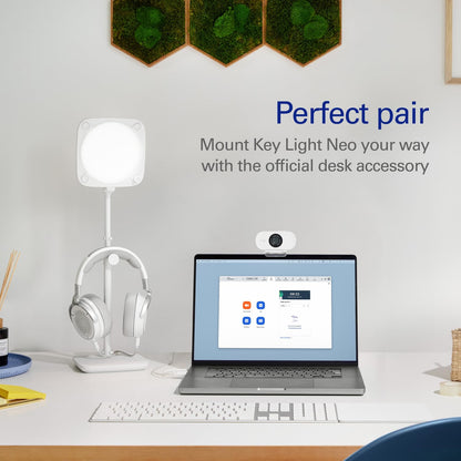 Stand para Key Light Neo – Soporte de escritorio con base pesada, altura e inclinación ajustables, soporte para auriculares, blanco limpio – Para Key Light Neo o Facecam Neo