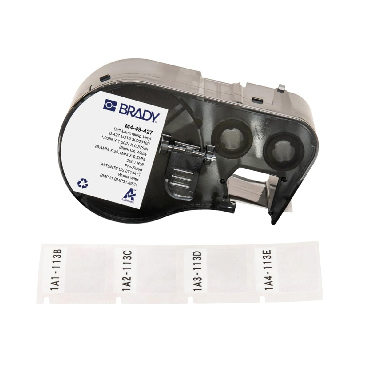 Brady Authentic (M4-49-427) Etiquetas de vinilo autolaminadas alrededor de 1 alto x 1 ancho negro sobre blanco, transparente, 260 etiquetas