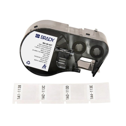 Brady Authentic (M4-49-427) Etiquetas de vinilo autolaminadas alrededor de 1 alto x 1 ancho negro sobre blanco, transparente, 260 etiquetas