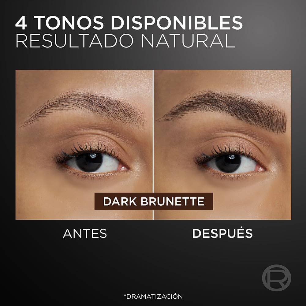 L'Oréal Paris Faux Brow Delineador de Cejas, Efecto 3D, Resistente al Agua, Larga Duracion y Acabado Natural, con Micro Aplicador de 2 Puntos, Tono Café Obscuro - Dark Brunette, 1ml.