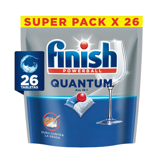 Finish® Quantum Detergente en Tabletas para Lavavajillas, 26 tabletas, Sin necesidad de pre-lavar para una limpieza profunda y duro contra la grasa
