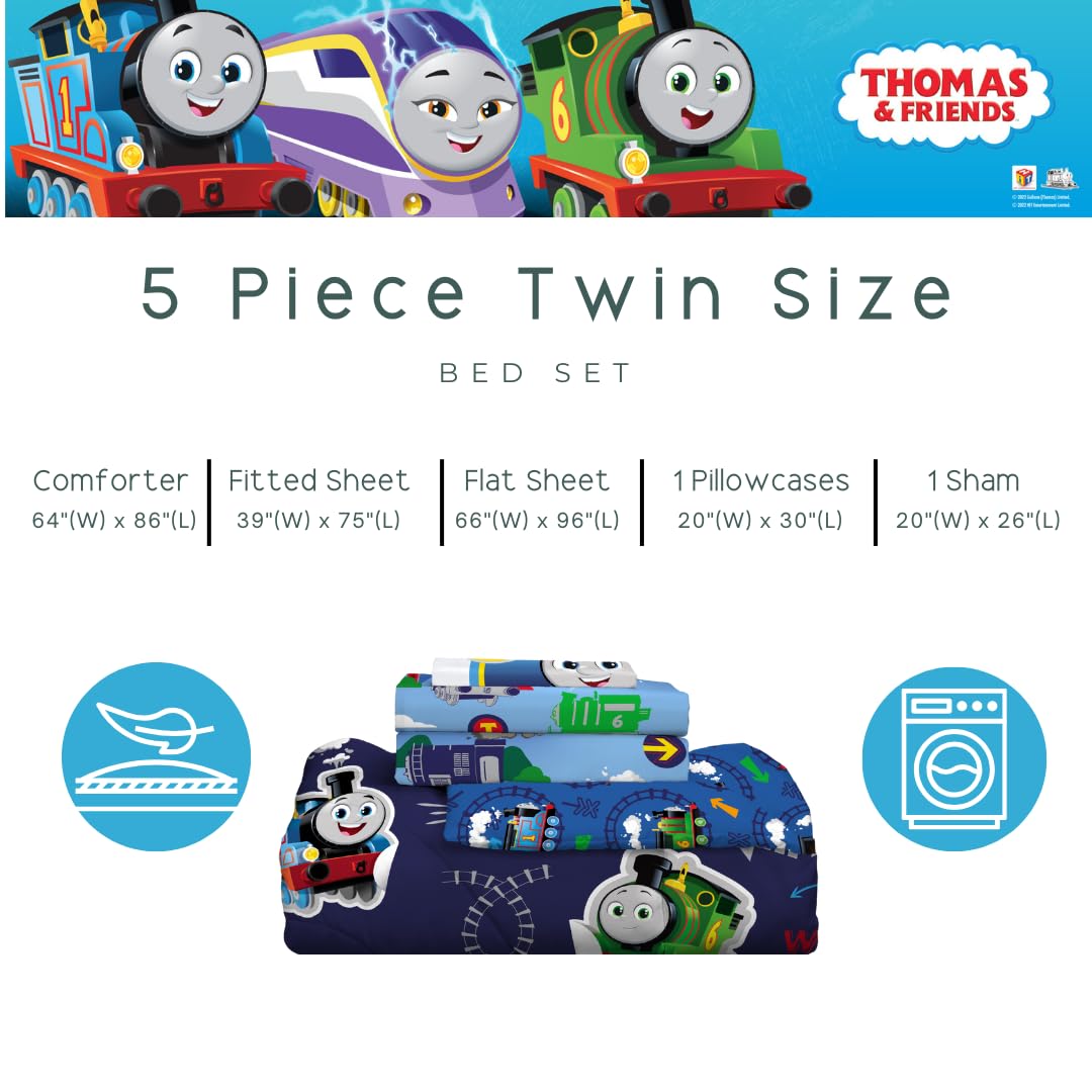 Franco Thomas & Friends - Juego de Ropa de Cama para niños súper Suave y Funda de Cama, 5 Piezas, tamaño Individual, (Producto con Licencia Oficial)