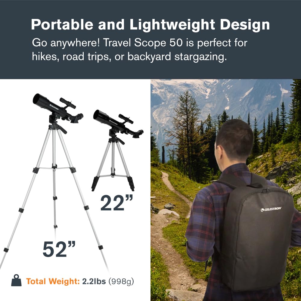 Celestron - 50mm Travel Scope - Portable Refractor Telescope - Fully-Coated Glass Optics - Ideal Telescope for Beginners - Bonus Astronomy Software Package
