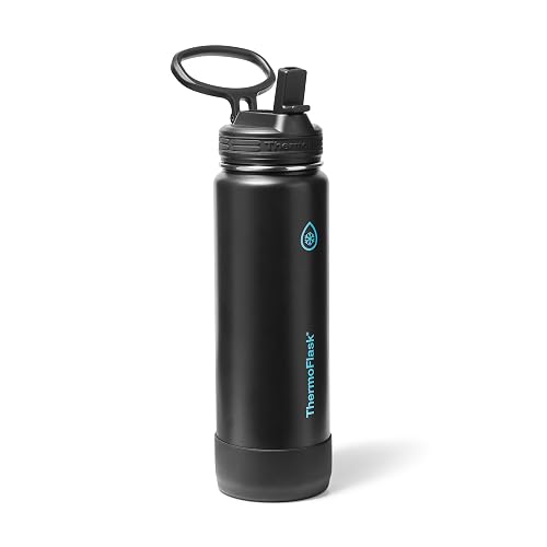 ThermoFlask - Botella de agua de acero inoxidable aislada al vacío de doble pared, 710 ml, con tapa de popote, Eclipse Eléctrico