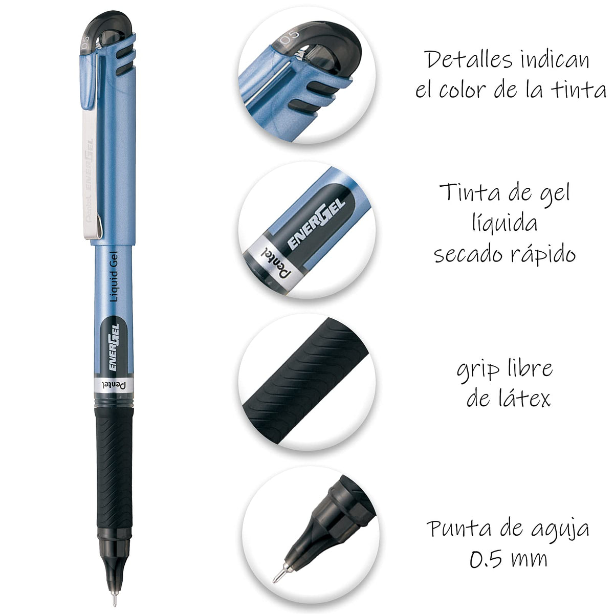 Pentel EnerGel Bolígrafo de Gel Líquido, Punta de Aguja, 0.5 mm, Cuerpo Azul Claro, Tinta Negra, Paquete con 6 Piezas, BLN15BP6-A