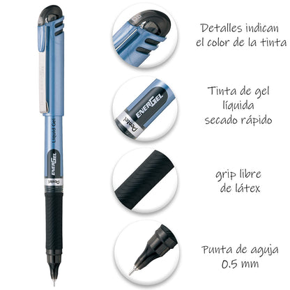 Pentel EnerGel Bolígrafo de Gel Líquido, Punta de Aguja, 0.5 mm, Cuerpo Azul Claro, Tinta Negra, Paquete con 6 Piezas, BLN15BP6-A