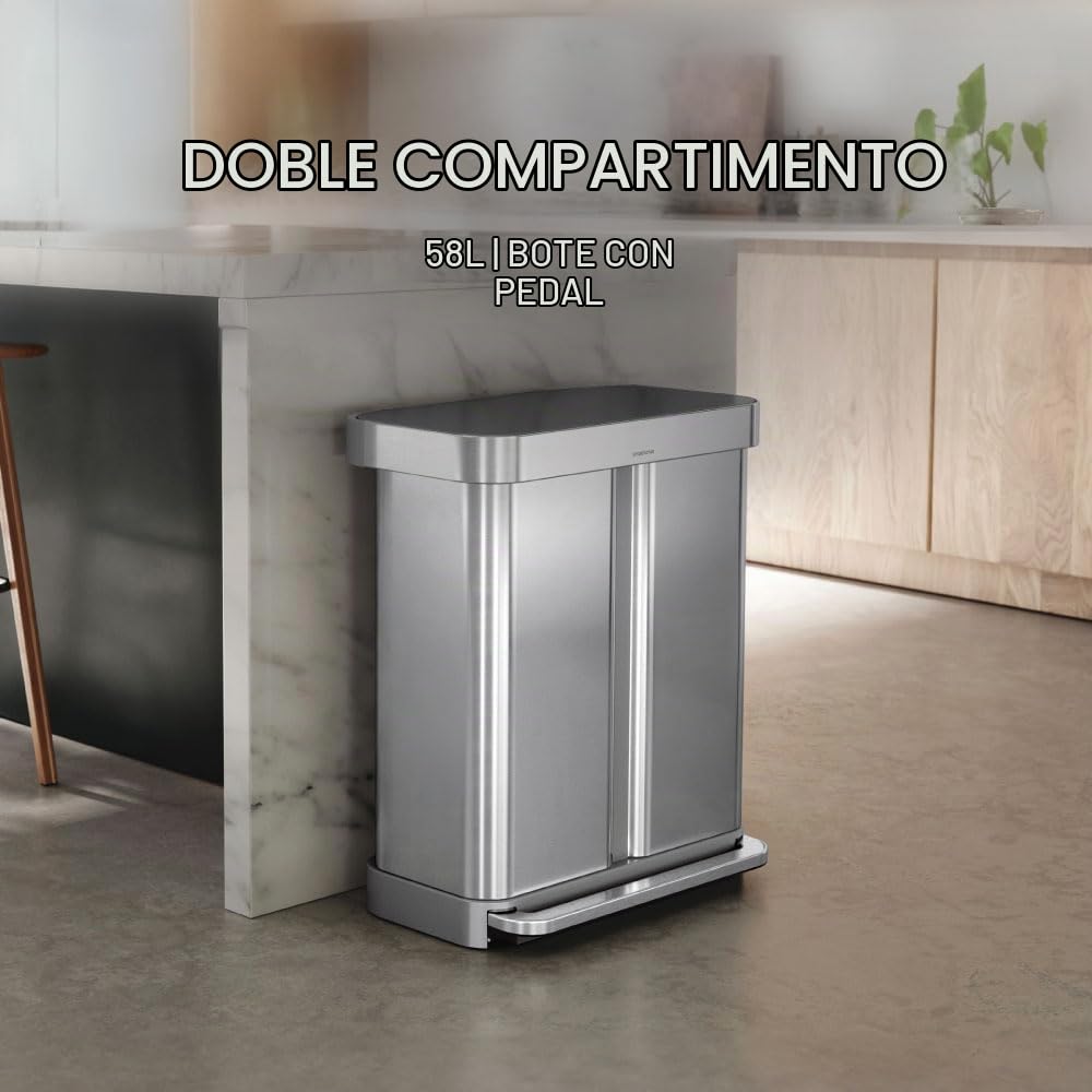 simplehuman Cubo Rectangular Doble con Pedal de Reciclaje, 58 litros/15.3 galones, Acero Inoxidable Cepillado con Tapa de plástico de Cierre Suave para Cocina