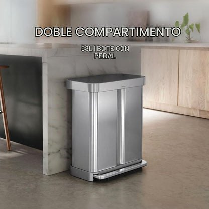 simplehuman Cubo Rectangular Doble con Pedal de Reciclaje, 58 litros/15.3 galones, Acero Inoxidable Cepillado con Tapa de plástico de Cierre Suave para Cocina