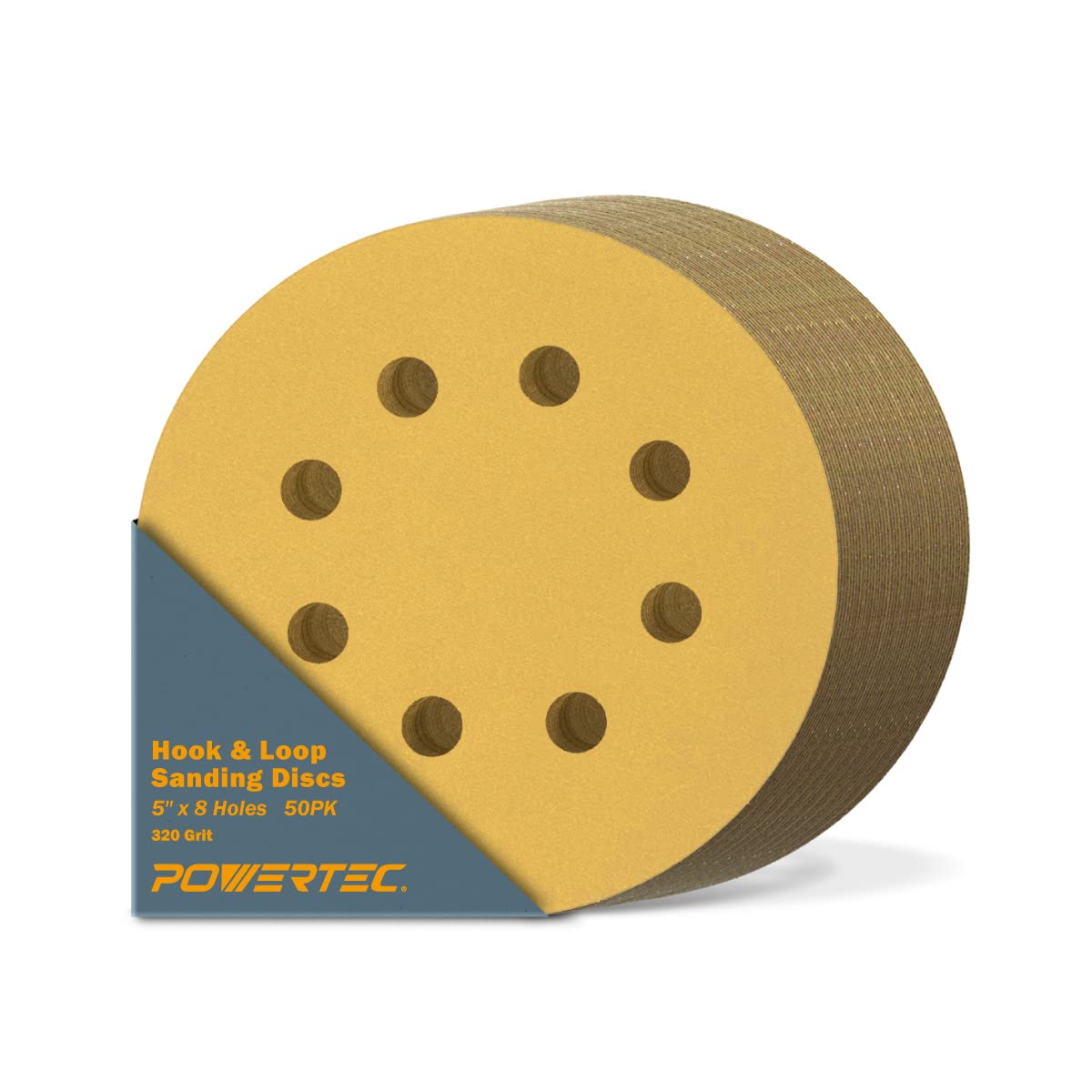 POWERTEC 50 discos de lijado de gancho y bucle de grano 320 de 5 pulgadas, 8 agujeros, almohadillas para orejas de lijado de 5 pulgadas para automóvil, paneles de yeso, carpintería con lijadora - 320 Grit, 50PK