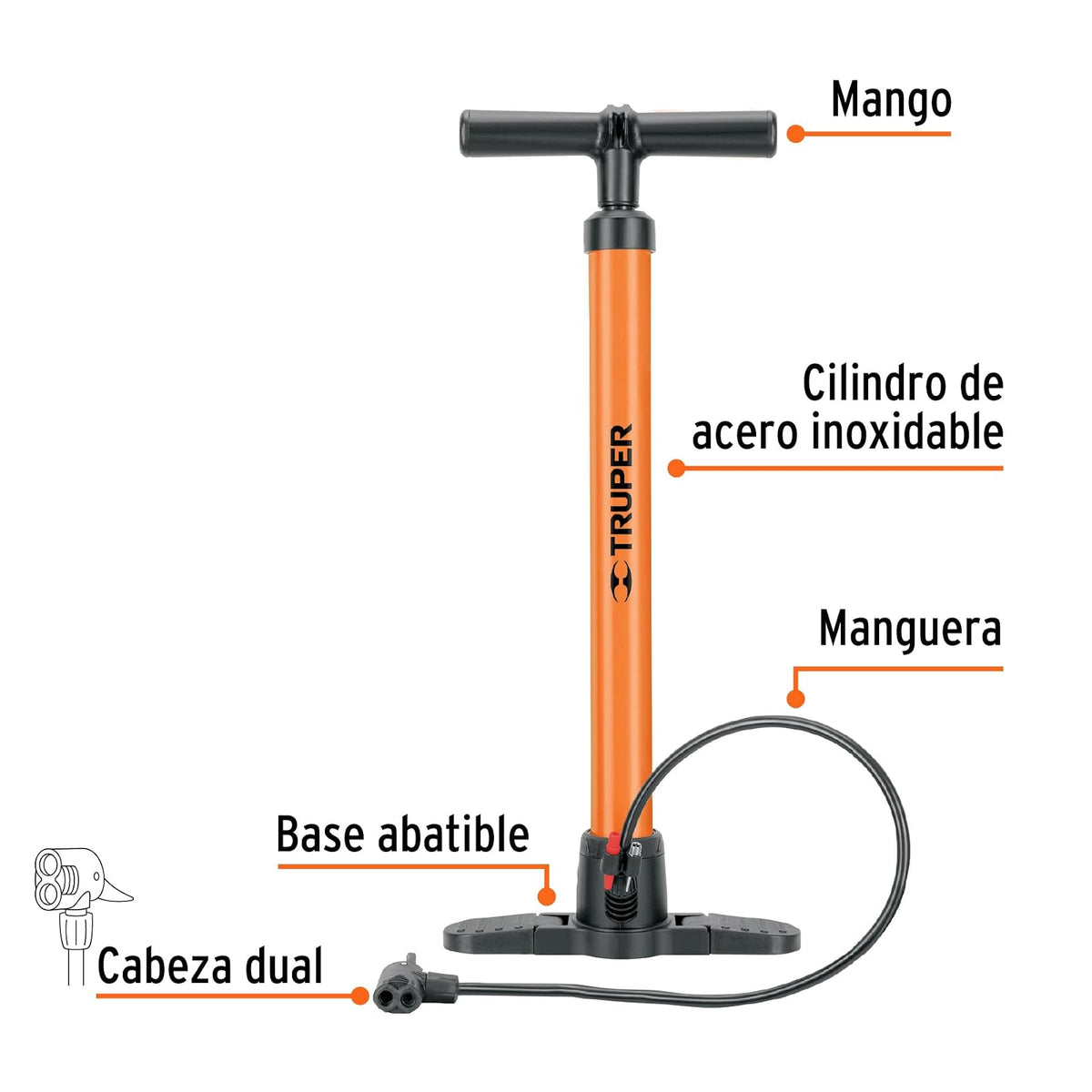 TRUPER Bomba de Aire 58 cm, Cuerpo de Acero, Naranja