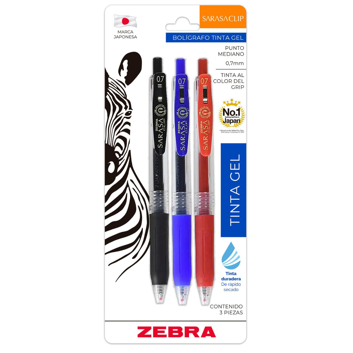 Zebra Sarasa Clip Rollerball Tinta Gel Secado rápido Punto Mediano 0.7 mm Surtido Básico 3 Piezas