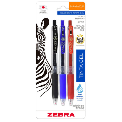 Zebra Sarasa Clip Rollerball Tinta Gel Secado rápido Punto Mediano 0.7 mm Surtido Básico 3 Piezas