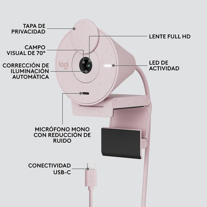 Logitech Brio 300 Cámara Web HD con Obturador de privacidad, Mic con reducción de Ruido, USB-C, Certificado para Zoom, Microsoft Teams, Google Meet, corrección automática de luz - Rosa