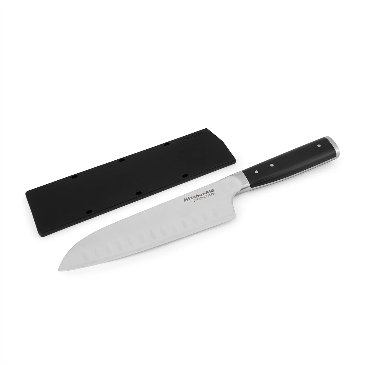 KitchenAid Gourmet - Cuchillo Santoku forjado de triple remache con cubierta de hoja de ajuste personalizado, cuchillo de cocina afilado, hoja de acero inoxidable japonés de alto carbono, color negro