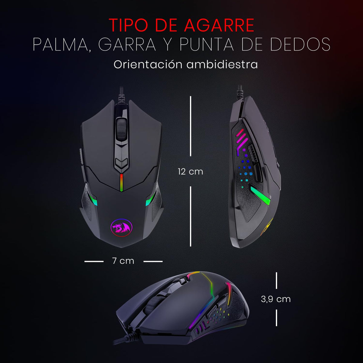 Redragon M601-3 Mouse Gamer, Cable USB retroiluminación LED Roja, 3200 dpi, 6 Botones, Ergonomico Centrophorus Gaming Mouse para PC.