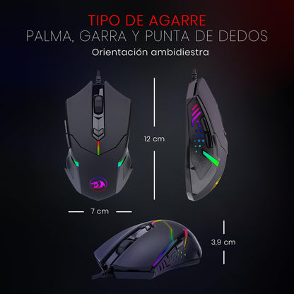 Redragon M601-3 Mouse Gamer, Cable USB retroiluminación LED Roja, 3200 dpi, 6 Botones, Ergonomico Centrophorus Gaming Mouse para PC.
