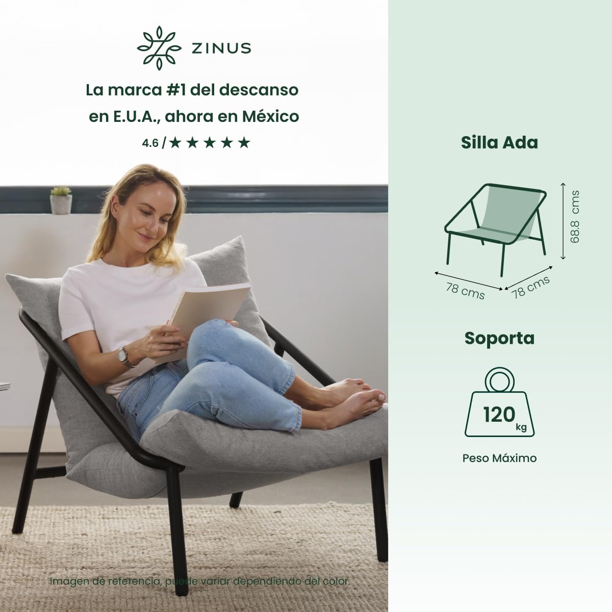 Zinus Ada | Silla de Estructura Metálica Triangular con Cojines de Espuma Color Gris Claro y de Fácil Armado | Garantía de 1 año