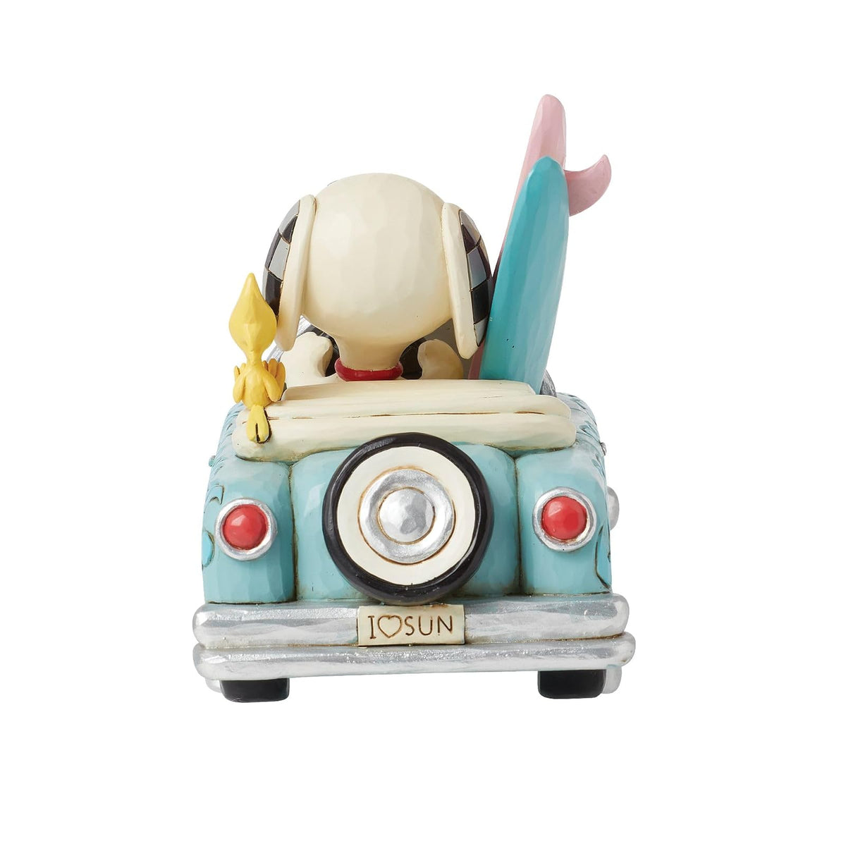 Enesco Peanuts by Jim Shore Collection Snoopy y Woodstock en Automóvil con Figura de Tablas de Surf, Resina de Piedra Hecha a Mano Pintada de Cacahuetes coleccionables, Estatua de decoración del hogar
