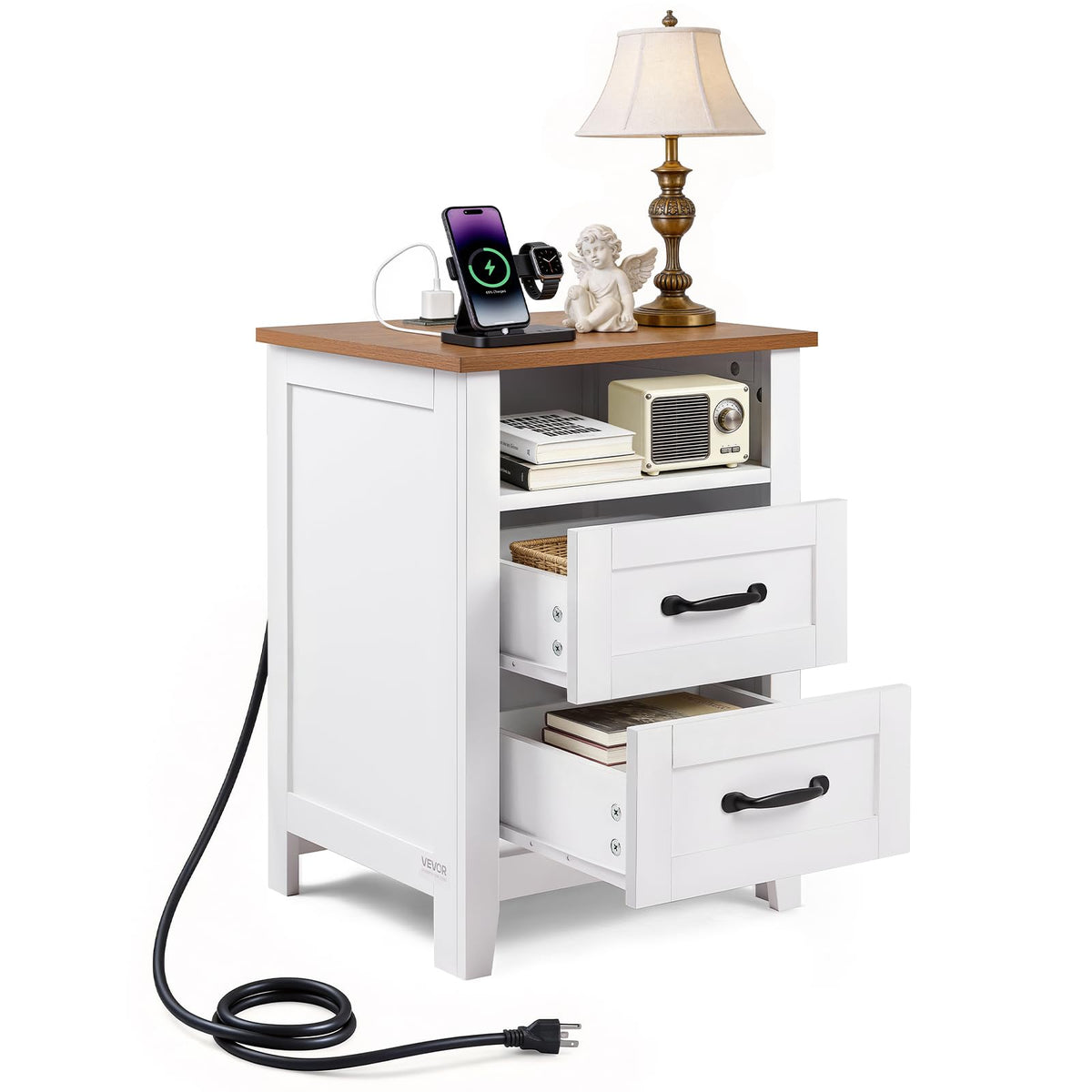 VEVOR Mesita de noche rústica con estación de carga, mesa auxiliar con 2 cajones y estante abierto, mueble de almacenamiento, mesa auxiliar rústica con puerto USB y tomas de CA, para dormitorio y sala