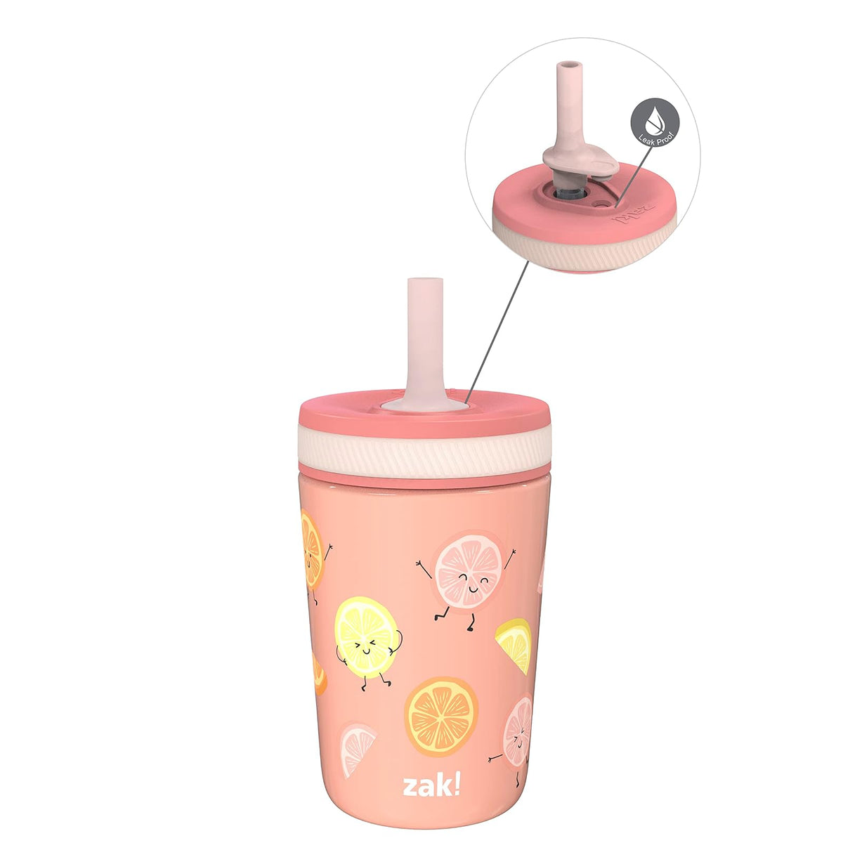 Zak Designs Vasos para niños pequeños para viajes o en casa, taza de acero inoxidable aislada al aspiradora de 12 onzas con diseño a prueba de fugas, perfecto para niños (fruta feliz)