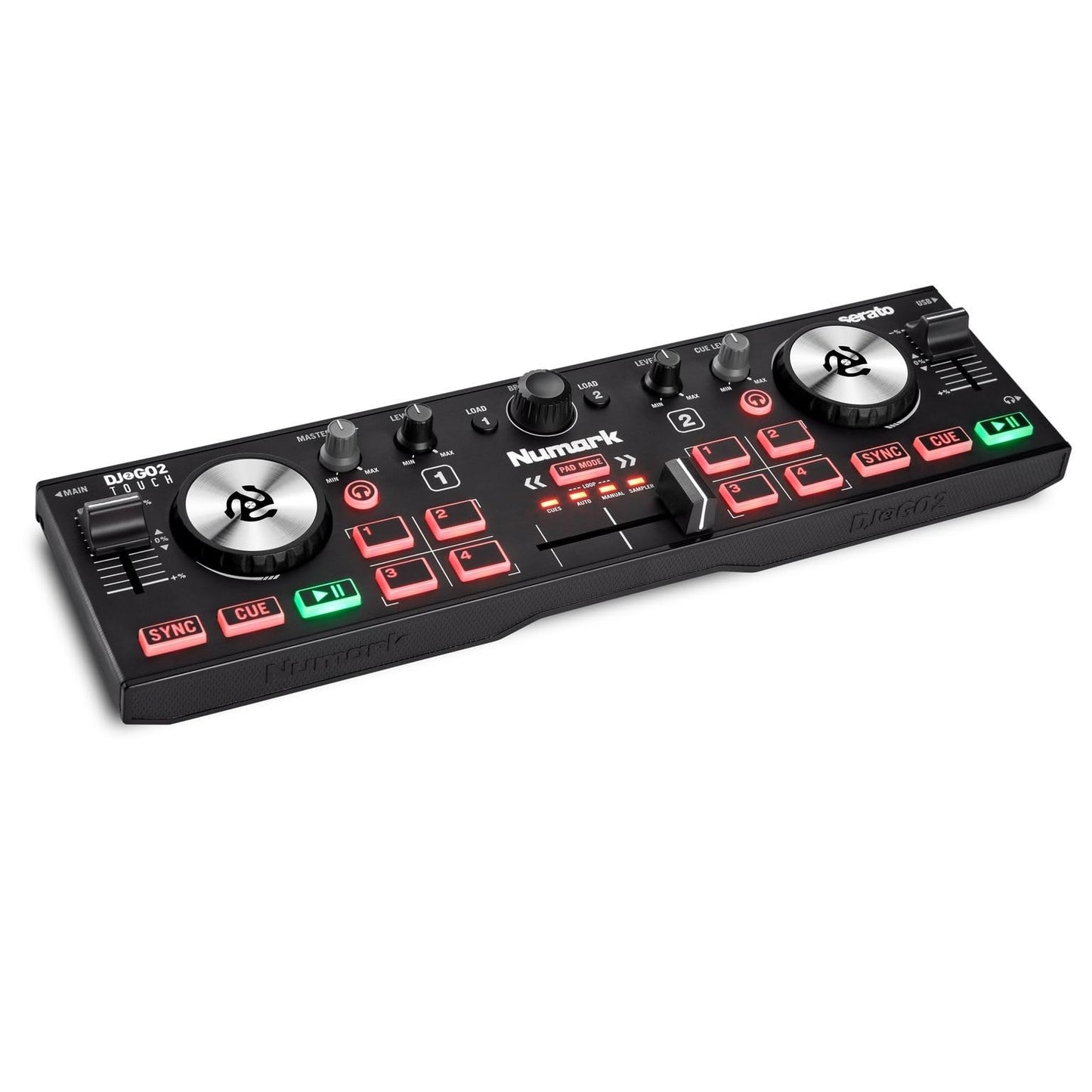 Numark DJ2GO2 Touch - Mini controlador DJ USB, 2 decks para Serato DJ con mezclador/crossfader, interfaz de audio y jog wheels de sensibilidad táctil