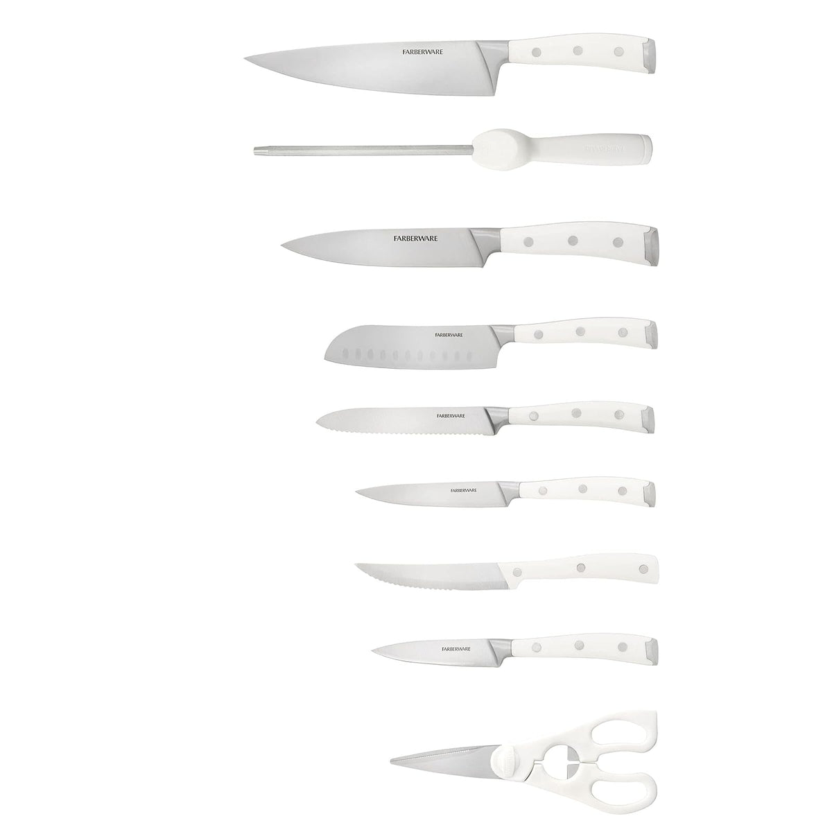 Farberware Juego de 15 cuchillos forjados de triple remache, juego de cuchillos de cocina de alto carbono con asas ergonómicas, juego de 15 piezas, juego de cuchillos afilados, blanco