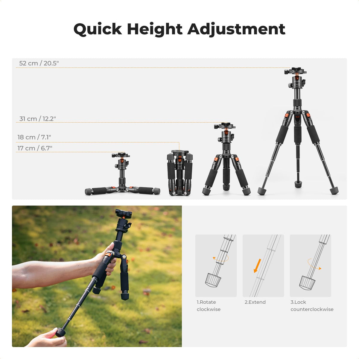K&F Concept - Mini trípode de computadora Compacto de 20.5 pulgadas/52 cm con Cabeza de Bola de 360 Grados, Placa de liberación rápida de 1/4 Pulgadas para cámara, videocámara, Carga hasta 6 kg