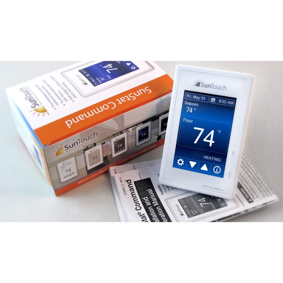 SunTouch SunStat Command - Termóstato programable con visualización táctil a color para sistemas de calefacción por piso eléctrico, múltiples opciones de color de fondo, control de detección de piso y