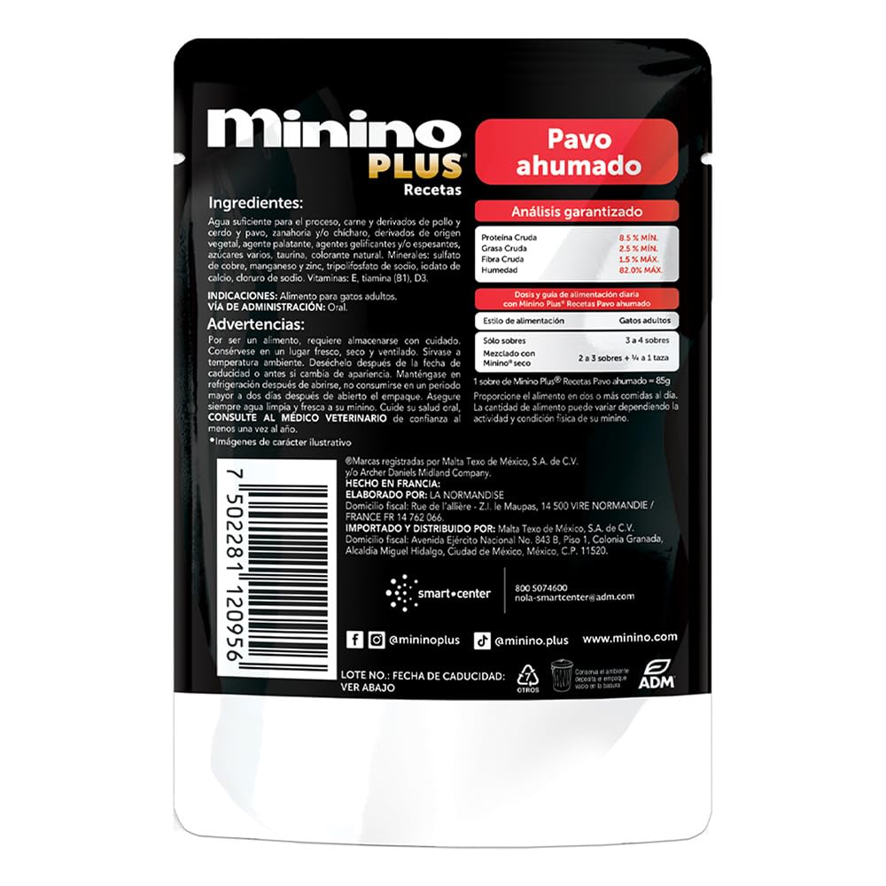 Minino Plus Recetas, alimento húmedo sabor Pavo ahumado, Paquete con 24 Pzas de 85 g.