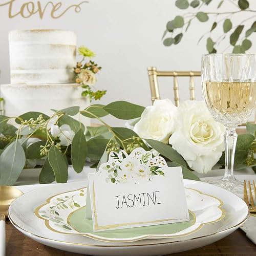 Kate Aspen - Decoración de fiesta verde salvia, tarjetas de tienda de campaña floral de eucalipto (juego de 50), perfectas para baby shower y despedidas de novia