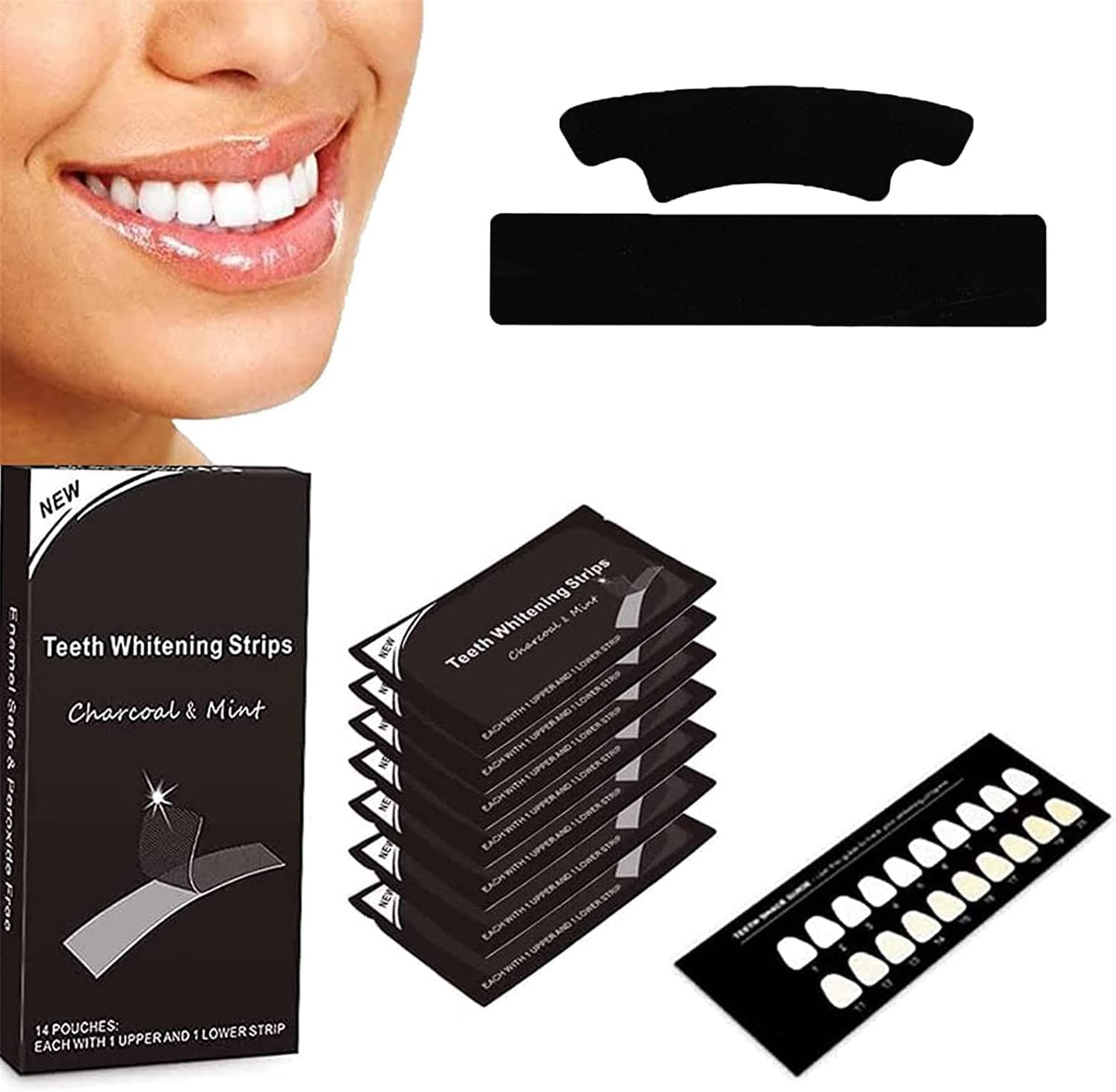 Smile Stains-gone Strips, Tiras blanqueadoras de dientes, Adhesivo dental de carbón activado por dientes, Elimina rápida y eficazmente las manchas de café, té, fumar y vino (14 Pairs)