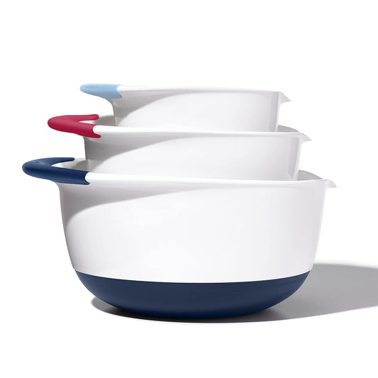 OXO,Plastic Good Grips - Juego de cuencos para mezclar de 3 piezas, mango de arándano, mermelada y seltzer, 4,7 litros, grande