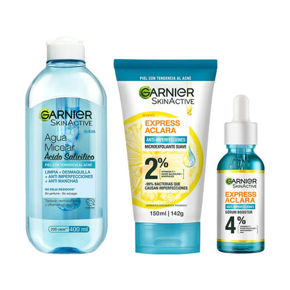 Kit Garnier Rutina Express Aclara Anti Acné 3 pasos, Agua Micelar con Acido Salicílico 400ml + Micro Exfoliante Sueva Anti Acné 150ml + Serum Booster Anti Acné 30ml