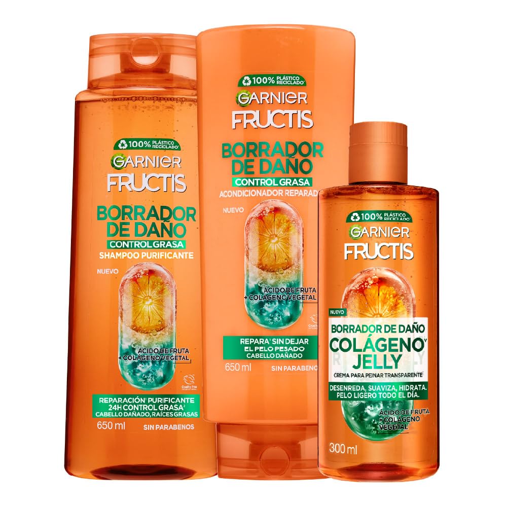 Kit Garnier Fructis Borrador de Daño y Control Grasa Rutina completa: Shampoo 650 ml + Acondicionador 650 ml + Crema para Peinar 300 ml, Reparación Purificante para Cabello Dañado con Raíces Grasas