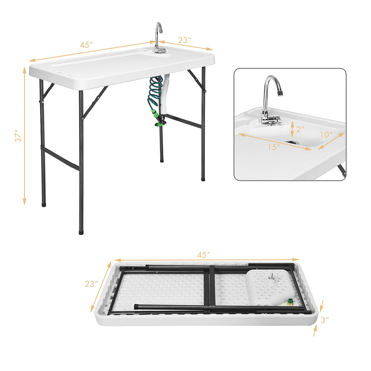 Goplus - Grifo Plegable para Mesa de Pescado con rociador y Manguera de Drenaje
